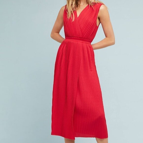 NWT Anthropologie Tracy Reese Pleated Red Midi Surplice Dress Womens sz Small - Picture 1 of 11